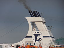 Diesel exhausts through the funnel of a modern cruise ship, MS Astor Astor Funnel Tallinn 31 August 2012.JPG