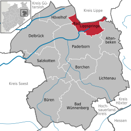 Läget för staden Bad Lippspringe i Kreis Paderborn