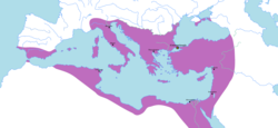 Kekaisaran Bizantium pada masa kejayaannya sejak kejatuhan Kekaisaran Romawi Barat, di bawah Yustinianus I pada 555 M.