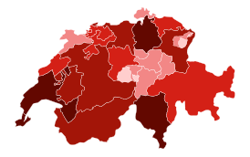 Карта Швейцарии в разрезе количества заражённых[1]  1-99 случаев  100-499 случаев  500-999 случаев  1,000-2,499 случаев  2,500+ случаев