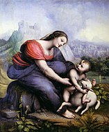 切薩雷·達·塞斯托（英语：Cesare da Sesto）的《聖母子及天使》（Madonna col bambino e l'agnellino），37 × 30cm，約作於1515年，來自吉安·賈科莫·波爾迪·佩佐利的藏品[24]