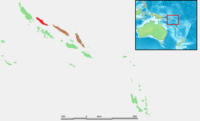 Ilha Choiseul (em vermelho), área de ocorrência confirmada, e ilhas Santa Isabel e Malaita (em marrom), não confirmadas.