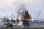 Un navire à vapeur britannique détruisant des jonques de guerre chinoises lors de la seconde bataille de Chuanbi durant la première guerre de l'opium le 7 janvier 1841.
