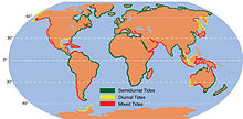 Bản đồ thế giới hiển thị vị trí của nhật triều, bán nhật triều và bán nhật triều hỗn hợp. Bờ biển châu Âu và miền tây châu Phi hoàn toàn là bán nhật triều, bờ biển phía tây Bắc Mỹ là bán nhật triều hỗn hợp, nhưng ở những nơi khác, các mô hình khác nhau được pha trộn lẫn với nhau, mặc dù một mô hình nhất định có thể bao phủ 200–2.000 kilômét (120–1.240 mi).