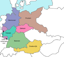 Partition plan from Franklin D. Roosevelt:   Hanover   Prussia   Hesse   Saxony   Bavaria   International zone (two exclaves)   Allied-administered Austria