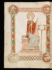 The Venerable Bede writing the Ecclesiastical History of the English People, from a codex at Engelberg Abbey, Switzerland. E-codices bke-0047 001v medium.jpg