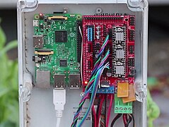 FarmBot Genesis electronics, Raspberry Pi (left) and an Arduino MEGA microntroller with a RAMPS shield (right).