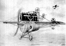 Dessin en noir et blanc d'un avion disproportionné, avec un moteur énorme et des canons sur les flancs.