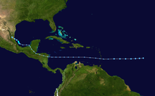 Track of a weak and disorganized tropical cyclone across the eastern Atlantic, Caribbean Sea, and Bay of Campeche