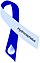 Two tone blue ribbon with water droplet and text on it reading "hydrocephalus awareness"