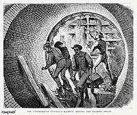 Illustration of the underground tunneling machine - driving the machine ahead from Illustrated description of the Broadway underground railway (1872) by New York Parcel Dispatch Company.jpg