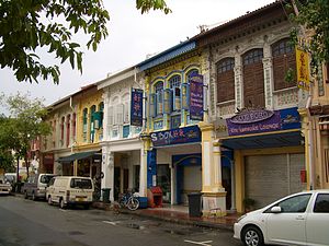 Double storey shophouses at Joo Chiat Lane, a common design in the outer reaches of urban Singapore.