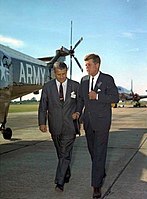 Von Braun with President Kennedy at Redstone Arsenal in 1963; President Kennedy was the initiator of the American lunar program in 1961, and von Braun was appointed its technical director