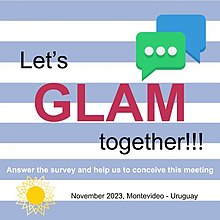 Photo of a flyer that reads "Let's GLAM together" with an adaptation of the Uruguayan flag