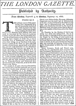 The London Gazette for 3-10 September, facsimile front page with an account of the Great Fire. London-gazette.png