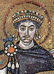Justinian I., Mosaikdetail aus der Kirche San Vitale in Ravenna