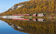 Un train près d'un lac à l'automne
