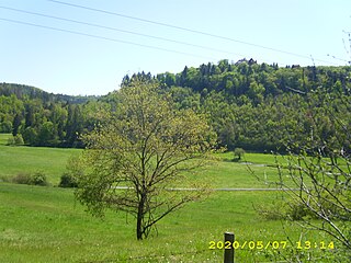 Das Eintrittstal der Orke in die Örksche Schweiz bei Dalwigksthal; oben im Hintergrund Burg Lichtenfels