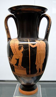 Oedipus and the sphinx, Nolan amphora by the Achilles Painter, circa 440/430 BCE. Munich: Staatliche Antikensammlungen Oidipous Sphinx Staatliche Antikensammlungen SL474.jpg