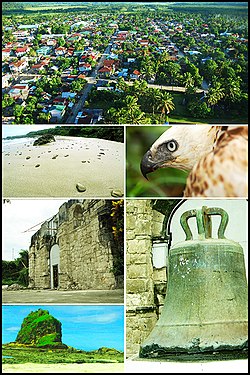 Clockwise from top: Poblacion, Pinsker's hawk-eagle, Century Old Bell, Rakitdakit, ruins of 17th-century Catholic church, Maragano shore