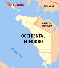 Mapa han Occidental Mindoro nga nagpapakita kon hain namahutang an Lubang.