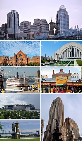 Clockwise, from top: Cincinnati Skyline, Union Terminal, Findlay Market, the Carew Tower with the Tyler Davidson Fountain in the foreground, the John A. Roebling Suspension Bridge, the Paul Brown Stadium, vintage steamboats docked along the Ohio River and the Cincinnati Music Hall