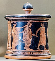 Thetiin ja Peleuksen häät. Häämaalarille nimen antanut punakuviotekniikalla maalattu pyksis, n. 460–450 eaa. Louvre.