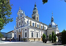 Basilica of the Virgin Mary in Brezje, also known as the Slovenian National Shrine, is the most visited Catholic pilgrimage site in Slovenia Radovljica Brezje Bazilika Sv Vida 28082012 011.jpg