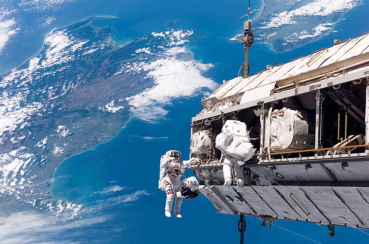 Астронавты Роберт Кёрбим (слева) и Кристер Фуглесанг во время первого из трёх выходов в открытый космос миссии STS-116 по программе МКС. На заднем плане — пролив Кука, разделяющий Северный и Южный острова Новой Зеландии