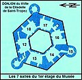 Plan du 1er étage du donjon avec ses sept salles.