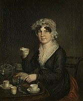 Retrato d euna mujer sentada tomando té, vestida d negro y con un velo sobre la cabeza