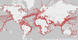 World map showing submarine cables in 2015 Submarine cable map umap.png