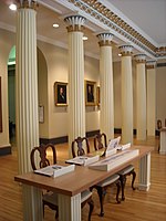 Supreme Court Chamber in the Old Mississippi Capitol building. Desk for counsel for the appellee.