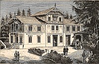 Litografia przedstawiająca Dom nad zdrojami Józefiny i Stefana (Przewodnik po Szczawnicy, 1869)