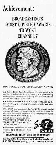 Advertisement promoting WCKT's 1960 Peabody Award, the station's first. WCKT Peabody award 1961 ad.jpg