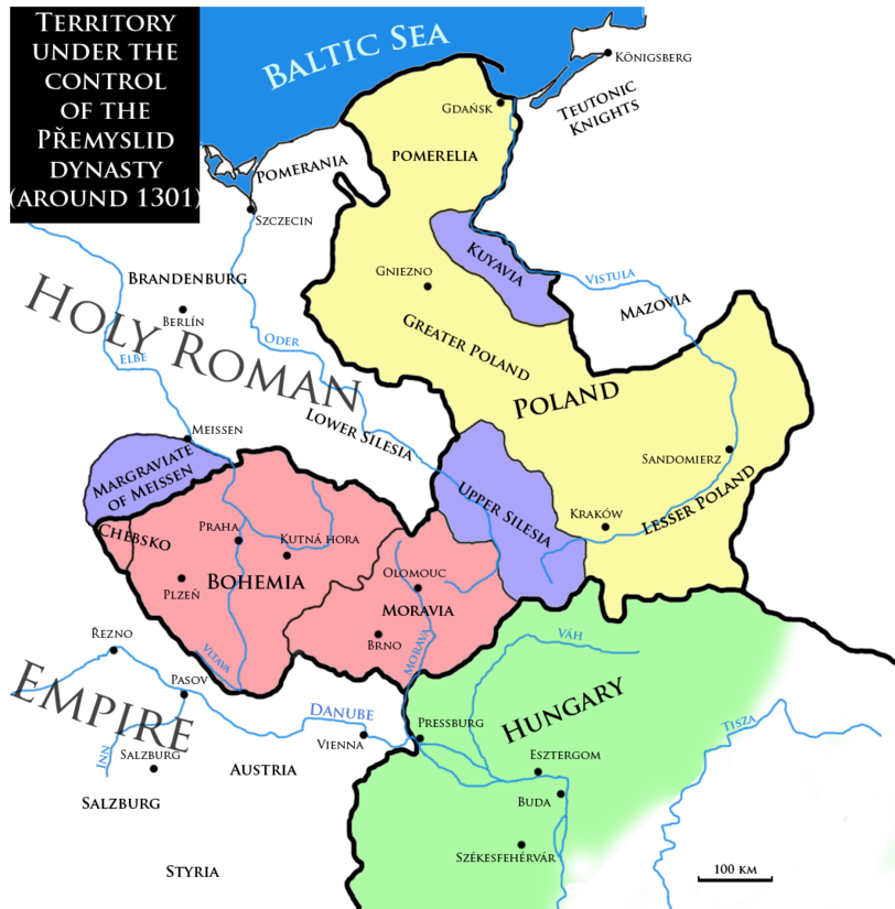 Territorien unter der Kontrolle der Přemysliden um das Jahr 1301