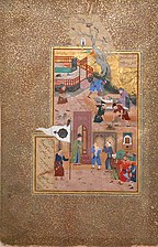 Un folio de Procesión funeral, Folio 35r de un Mantiq al-tair (Lenguaje de los pájaros), Calígrafo: Sultan 'Ali al-Mashhadi, Autor: Farid al-Din 'Attar, 1487, acuarela, tinta, oro y plata hoja sobre papel