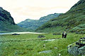 1961. Øyestøylene. Before the power development the old pack horse track followed the eastern bank of Øyestølsvatnet (964 m.)