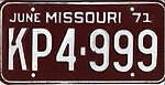 Номерной знак штата Миссури 1971 года KP4-999.jpg