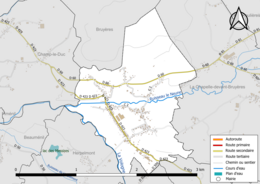 Carte en couleur présentant le réseau hydrographique de la commune