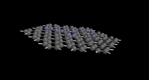 The nitrogen gas molecules in blue adsorb onto the surface of a carbon nanotube in grey. Adsorption of Nitrogen onto the Surface of Carbon.png