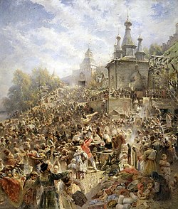 Konstantin Makovsky's Appeal of Minin (1896) depicts Kuzma Minin appealing to the people of Nizhny Novgorod to raise a volunteer army against Sigismund III of Poland and the occupying Thịnh vượng chung Ba Lan và Lietuva.