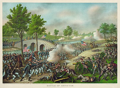 Amerika İç Savaşı'nın Maryland Seferi çerçevesinde 17 Eylül 1862 tarihinde Maryland Eyaleti'nin Sharpsburg kasabası yakınında gerçekleştirilen Antietam Muharebesi. (Üreten: Kurz & Allison)