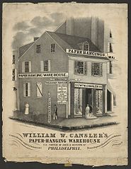 A lithograph of the Cansler paper-hanging warehouse in Philadelphia by William H. Rease. (c. 1845)