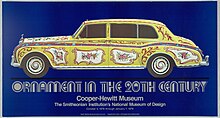 Blue poster with psychedelic paint job on Rolls-Royce Phantom V automobile.