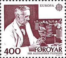 A stamp commemorating Alexander Fleming. His discovery of penicillin had changed the world of modern medicine by introducing the age of antibiotics. Faroe stamp 079 europe (fleming).jpg