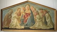 Painting of the Virgin Mary holding Jesus in her arms, surrounded by several children and an old woman