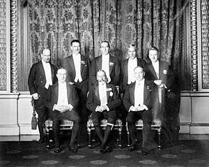 King George V (front, centre) with his prime ministers at the 1926 Imperial Conference.
Standing (left to right): Monroe (Newfoundland), Coates (New Zealand), Bruce (Australia), Hertzog (South Africa), Cosgrave (Irish Free State).
Seated: Baldwin (United Kingdom), King George V, King (Canada). ImperialConference.jpg