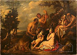 J. Jordaens (1563 – 1678), Flandra. Educarea lui Jupiter. Ulei, pânză, 86,9 x 120,9 cm