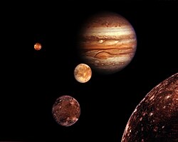 Photomontage of the moons of Jupiter, named after Galileo. Galileo viewed these moons as a smaller Copernican system within the Solar System and used them to support heliocentrism. Jupiter family.jpg